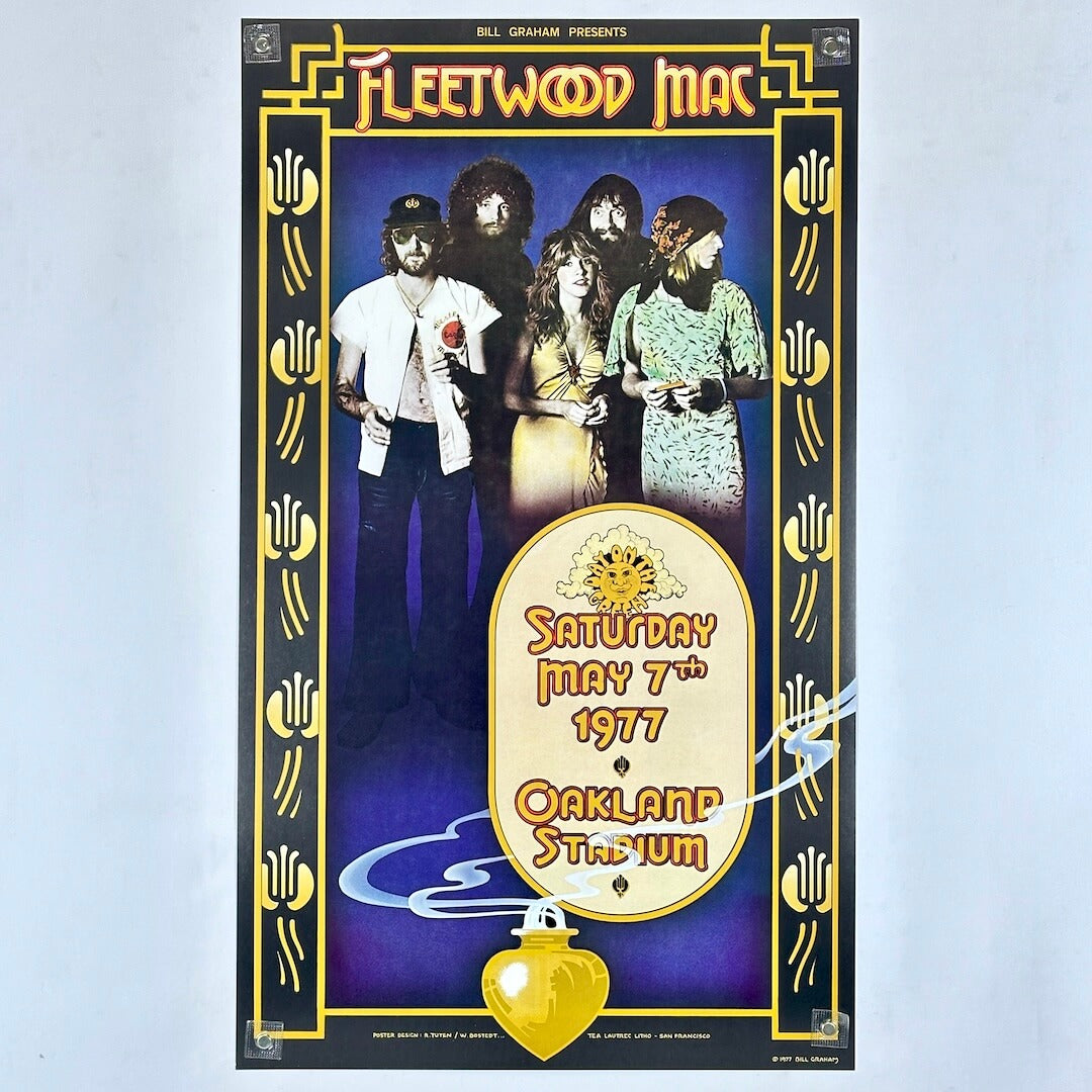 Fleetwood Mac concert poster from 1977 at Oakland Stadium with band members and decorative elements.