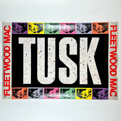 Fleetwood Mac 'Tusk' album cover with colorful portraits and black background