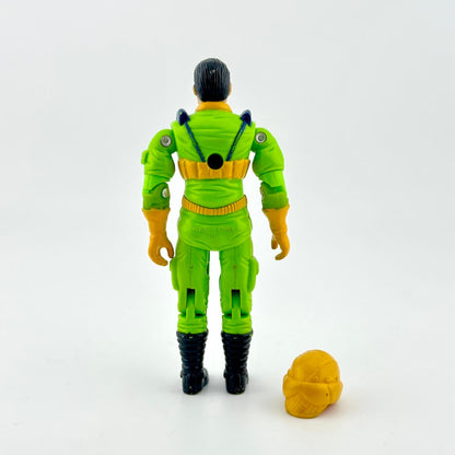 GI Joe action figure in green flight suit with yellow accents and yellow helmet, photographed on white background. 
