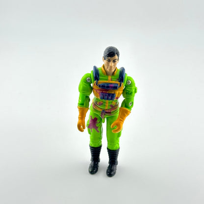 Toy figure in a green and orange outfit on a white background