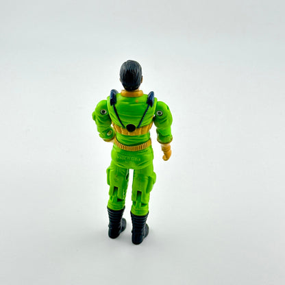 Toy figure in a green suit with black hair on a white background