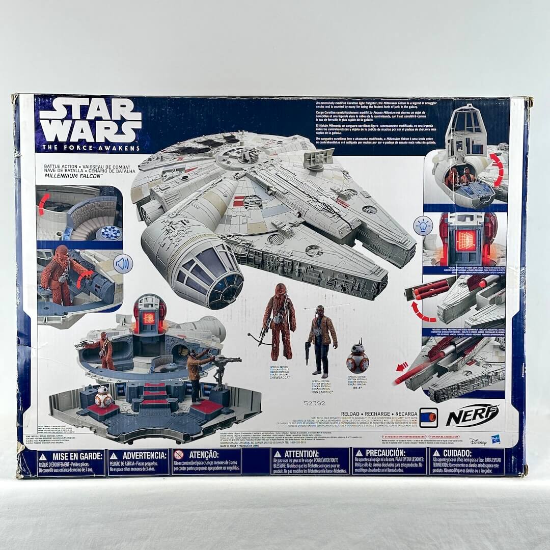 Back panel of Star Wars spaceship retail box showing image of ship, figures, and various features of the toy. 