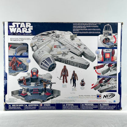 Back panel of Star Wars spaceship retail box showing image of ship, figures, and various features of the toy. 