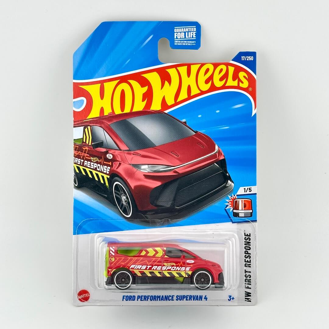 A Hot Wheels die-cast toy car in its original blister packaging, featuring the Ford Performance Supervan 4.