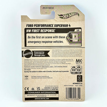 The back of a Mattel Hot Wheels toy packaging card for the Ford Performance Supervan 4, featuring product details.