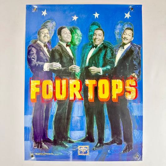 Poster of The Four Tops with colorful suits and a blue background