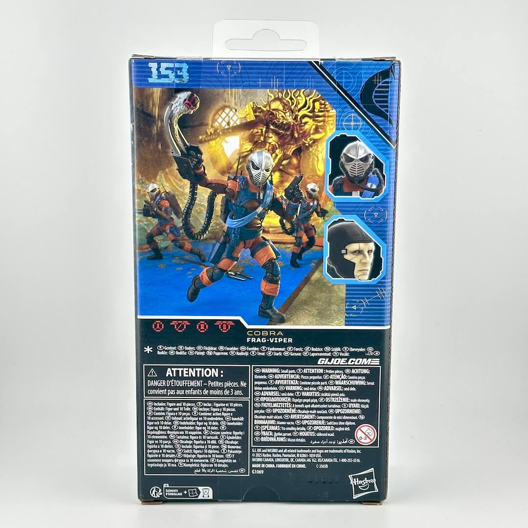 Back of action figure packaging with warning labels against white background. 