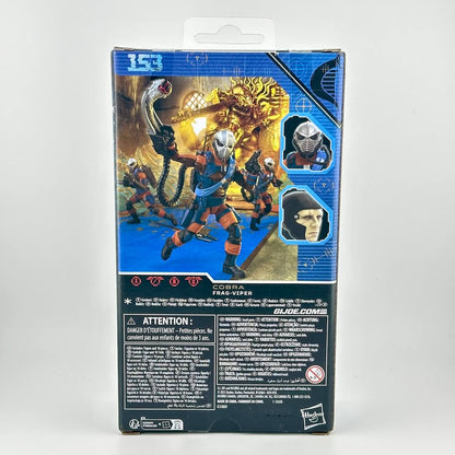 Back of action figure packaging with warning labels against white background. 