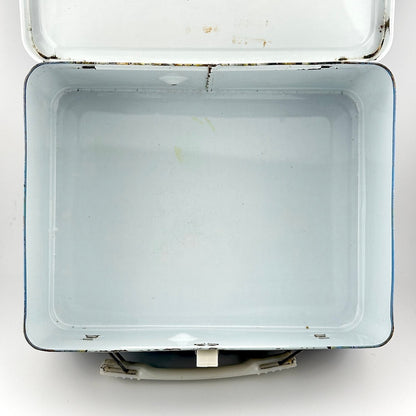 Metal lunchbox with white interior with sporadic spots of rust and wear to edges. 