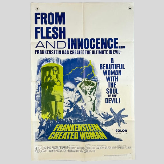 Vintage movie poster for 'Frankenstein Created Woman' with text and images of a man, woman, and creature.