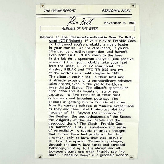 Poster of text from 'The Gavin Report' and date on a white background