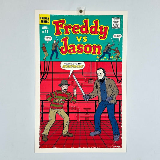 The artwork shows two horror characters in a red industrial setting, with a comic-book cover layout.