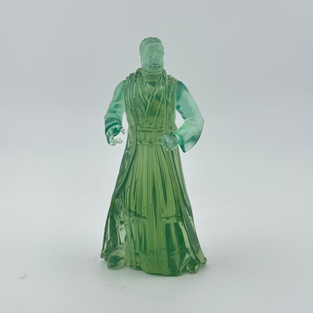 Green glass-like figurine of Obi-Wan Kenobi on a white background
