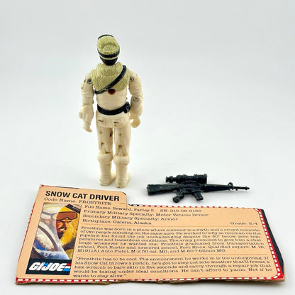 Back of GI Joe action figure with accessory and card against white background. 