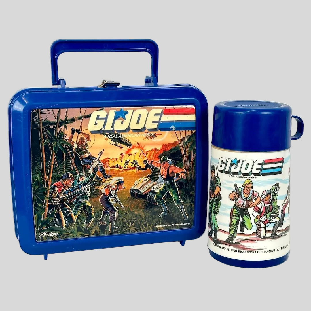 GI Joe lunch box and thermos set on a white background