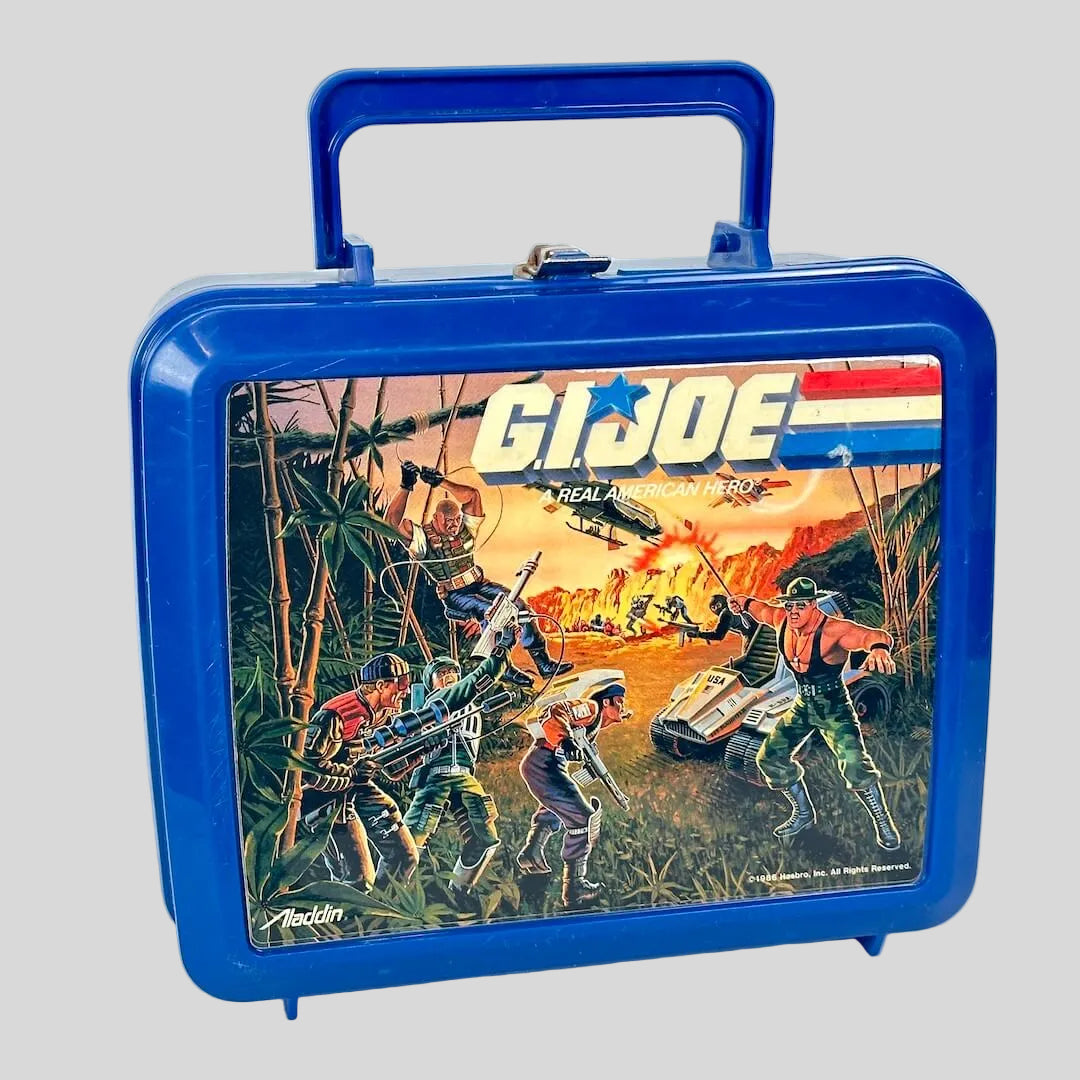 Blue lunchbox with G.I. Joe graphic on a white background
