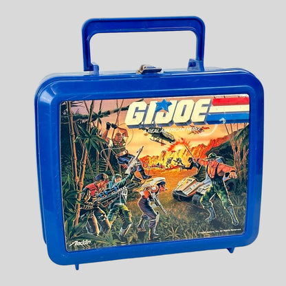Blue lunchbox with G.I. Joe graphic on a white background