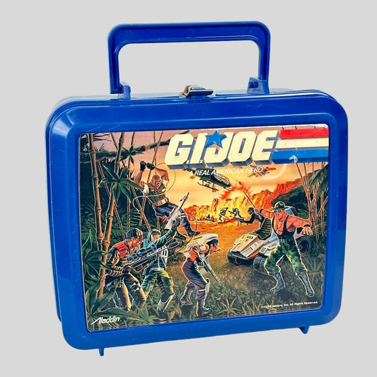 Blue lunchbox with G.I. Joe graphic on a white background
