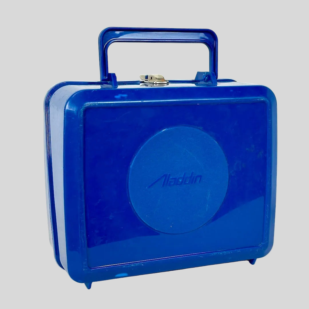 Blue lunch box with 'Aladdin' logo on a white background