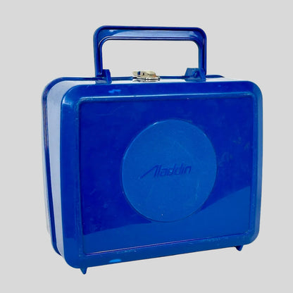 Blue lunch box with 'Aladdin' logo on a white background