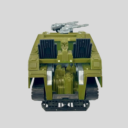 Green and gray toy tank with black accents on gray background. 