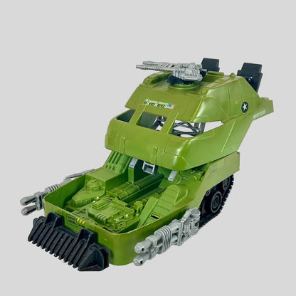 Expanded view of toy tank on gray background. 