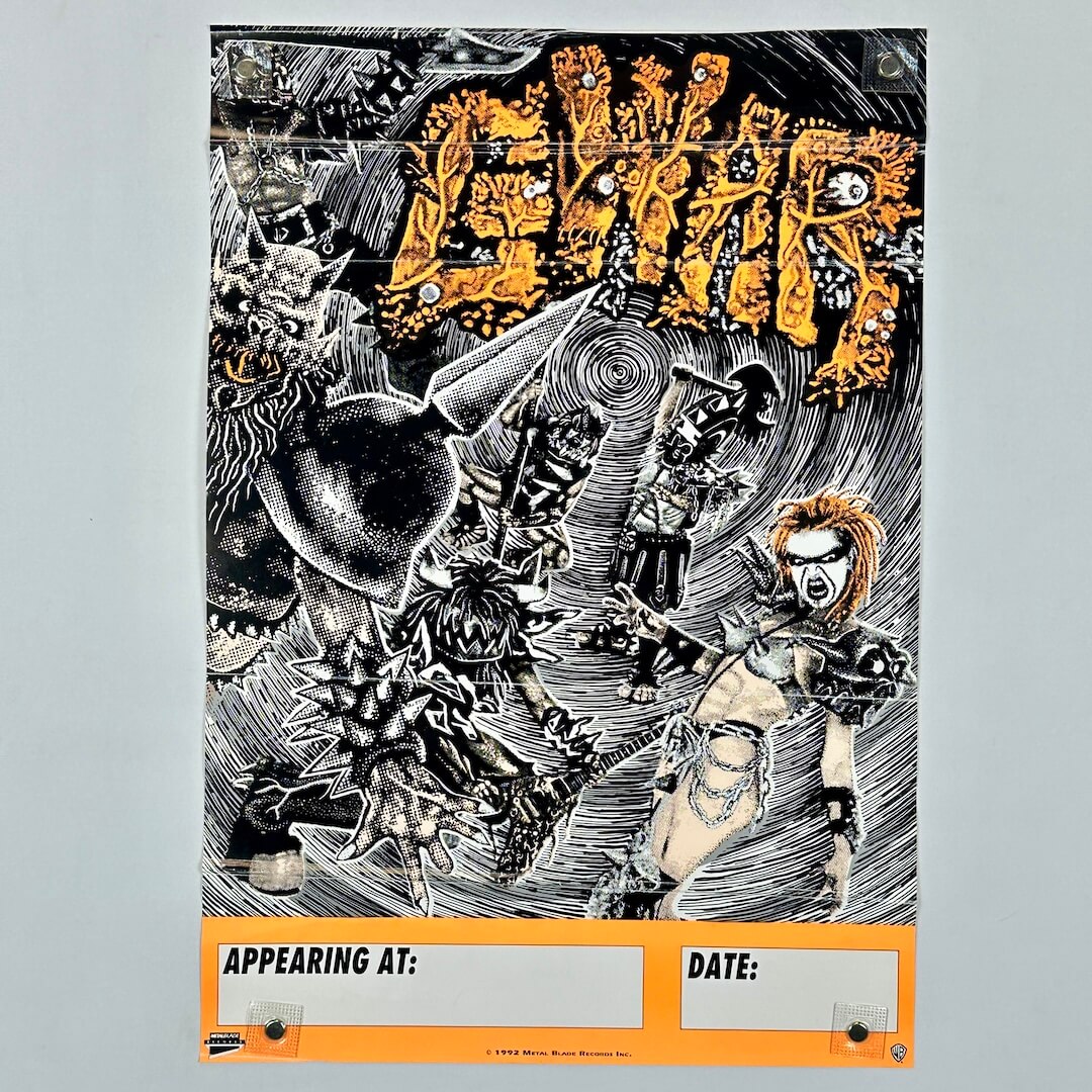 Illustrated poster with black and white graphics and orange text on a gray background