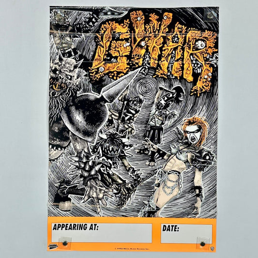 Illustrated poster with black and white graphics and orange text on a gray background