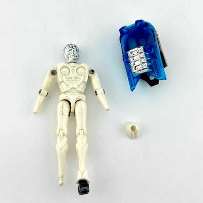 White and silver humanoid action figure with accessories laying on white background. 