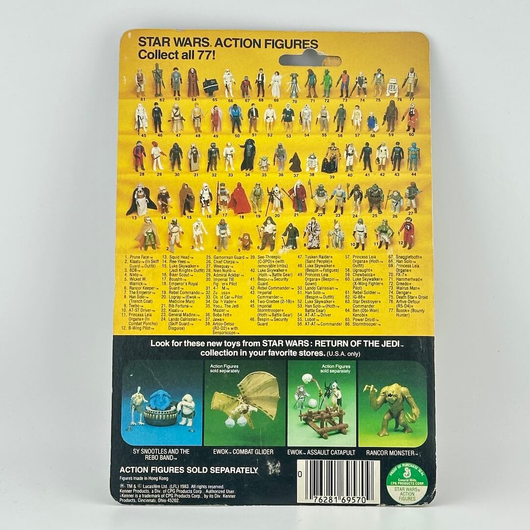 Vintage Star Wars action figures packaging with character illustrations and text on a yellow background