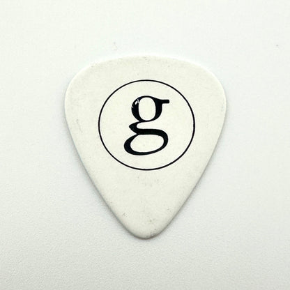 White guitar pick with silver 'g' in circle set against a white background. 
