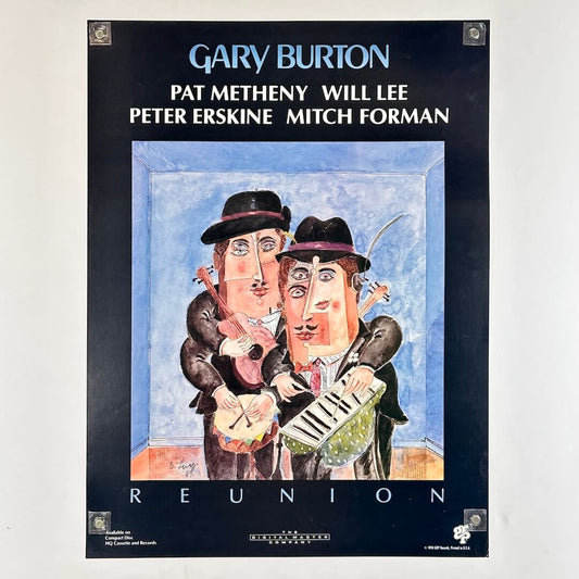 Poster with black border with text 'Gary Burton' and other names around an abstract portrait of two musicians. 