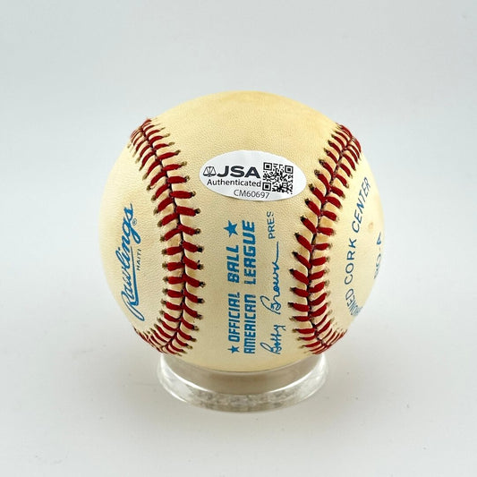 Baseball with stitching and text on a white background