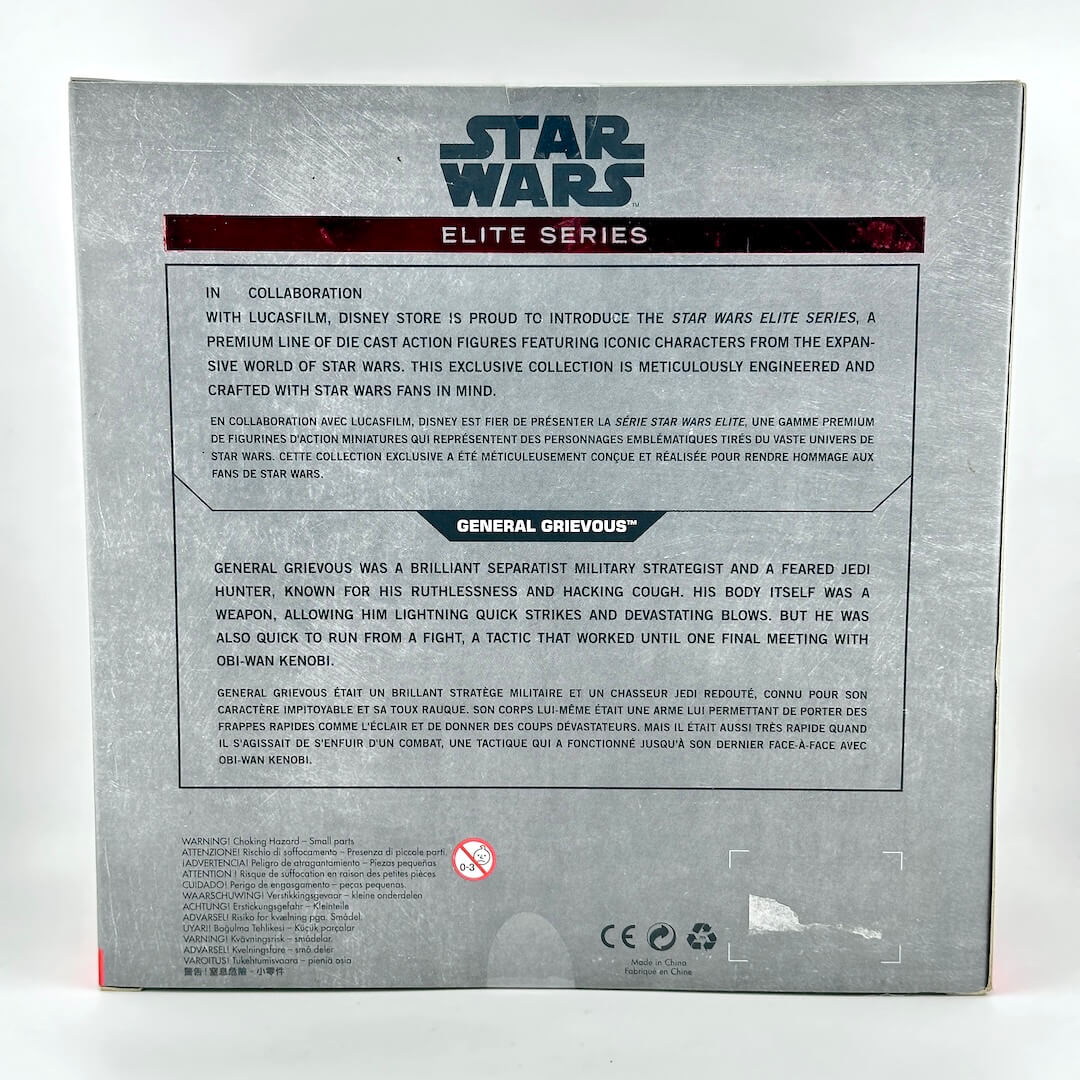 The back of a Star Wars Elite Series collectible action figure card featuring General Grievous, with product details.