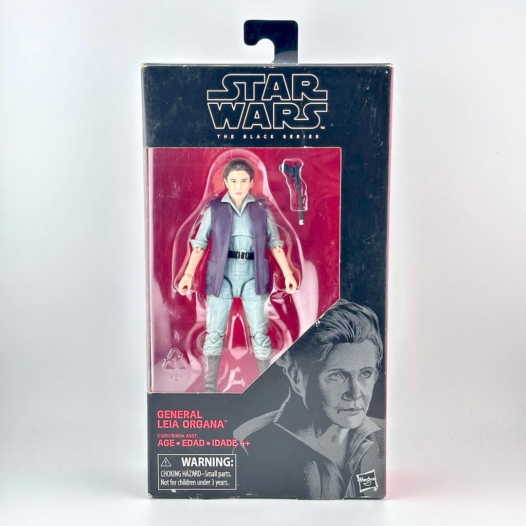 Star Wars The Black Series General Leia Organa action figure in its original window box packaging.