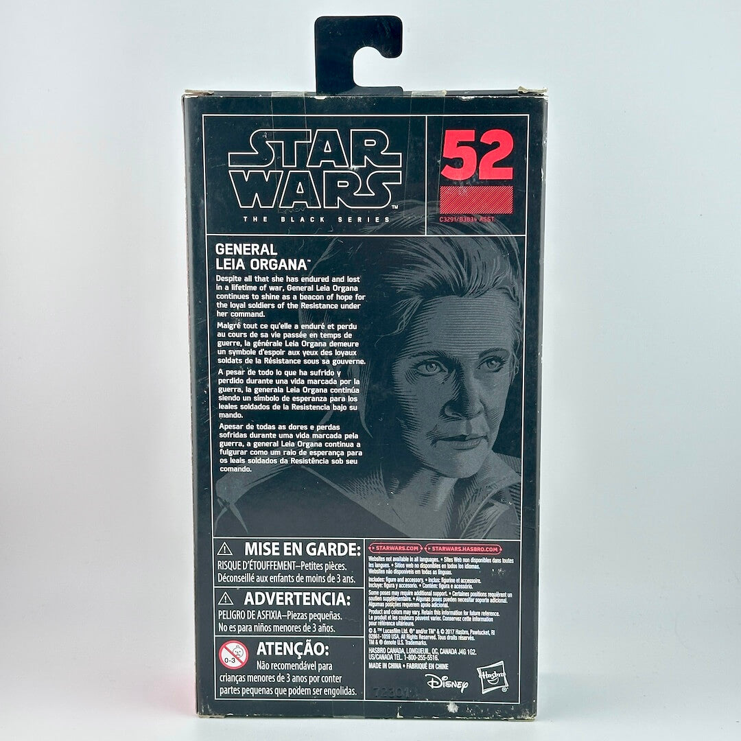 Star Wars Black Series 52 General Leia Organa action figure back box, featuring character artwork & product details.