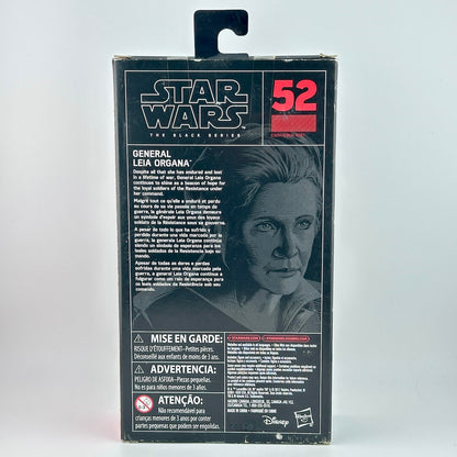 Star Wars Black Series 52 General Leia Organa action figure back box, featuring character artwork & product details.