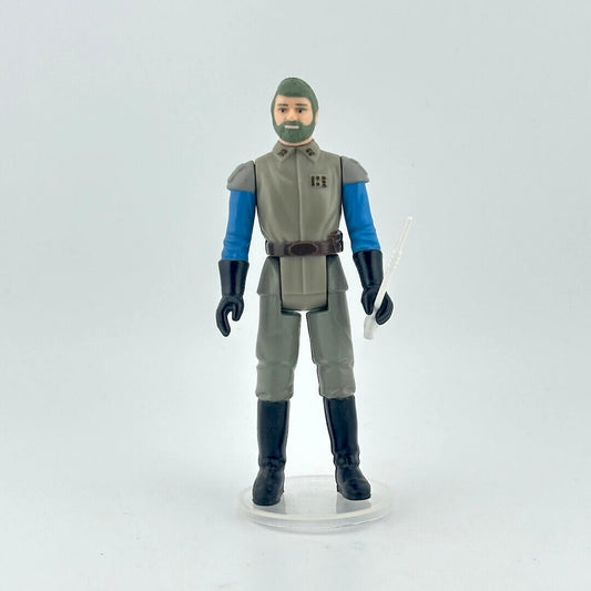 Action figure in a gray, black, and blue uniform with white staff, on a white background