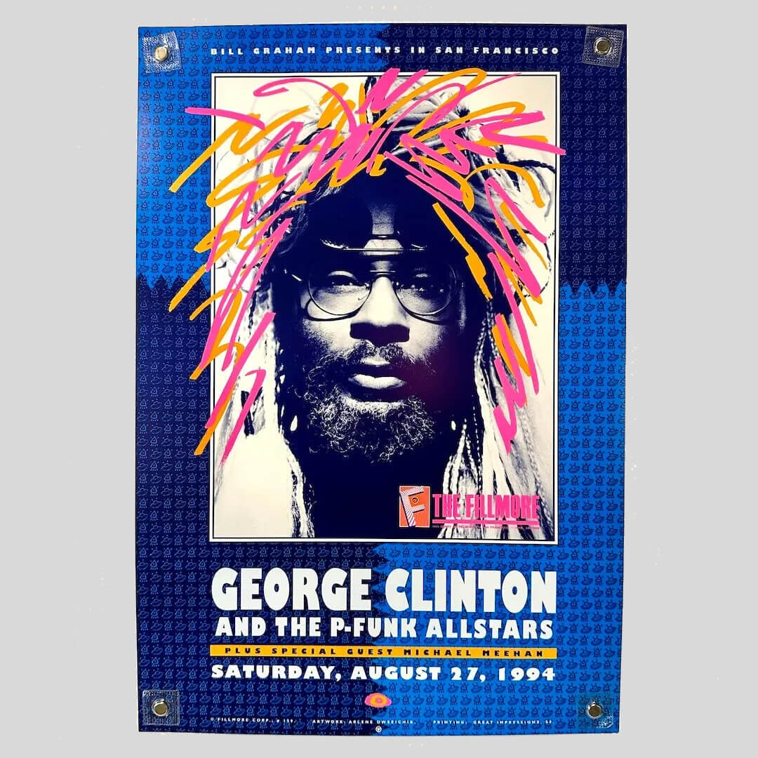 Poster for George Clinton and the P-Funk Allstars concert featuring a stylized portrait of a person with colorful hair.