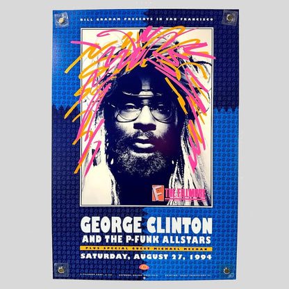 Poster for George Clinton and the P-Funk Allstars concert featuring a stylized portrait of a person with colorful hair.