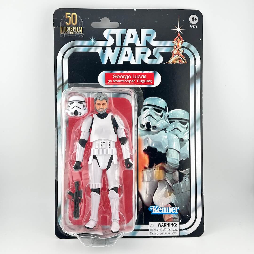 Kenner Star Wars George Lucas Stormtrooper action figure in its original 50th Anniversary blister packaging.