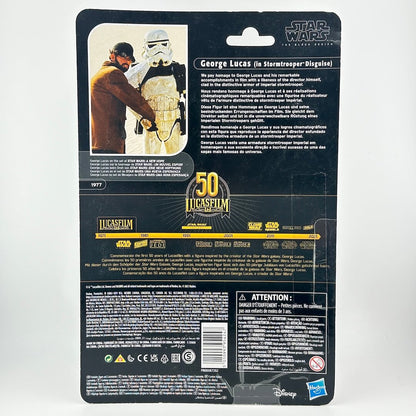 Back of Star Wars action figure packaging with product information, warning labels, and logos.
