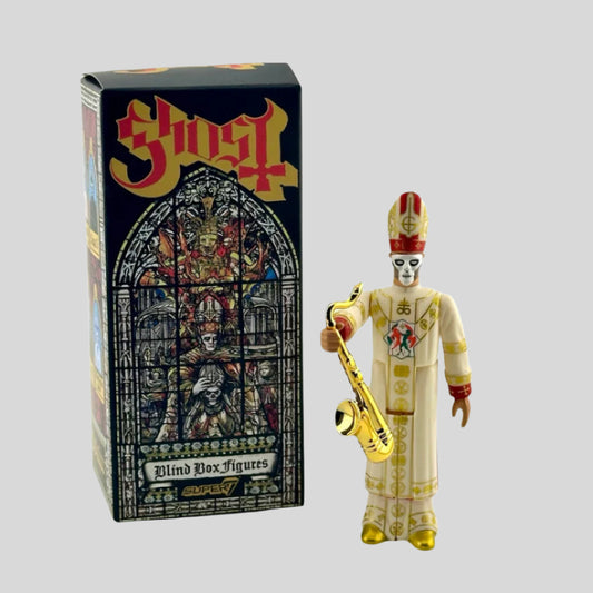 Papal dressed figure holding saxophone by box printed with stained glass design. 