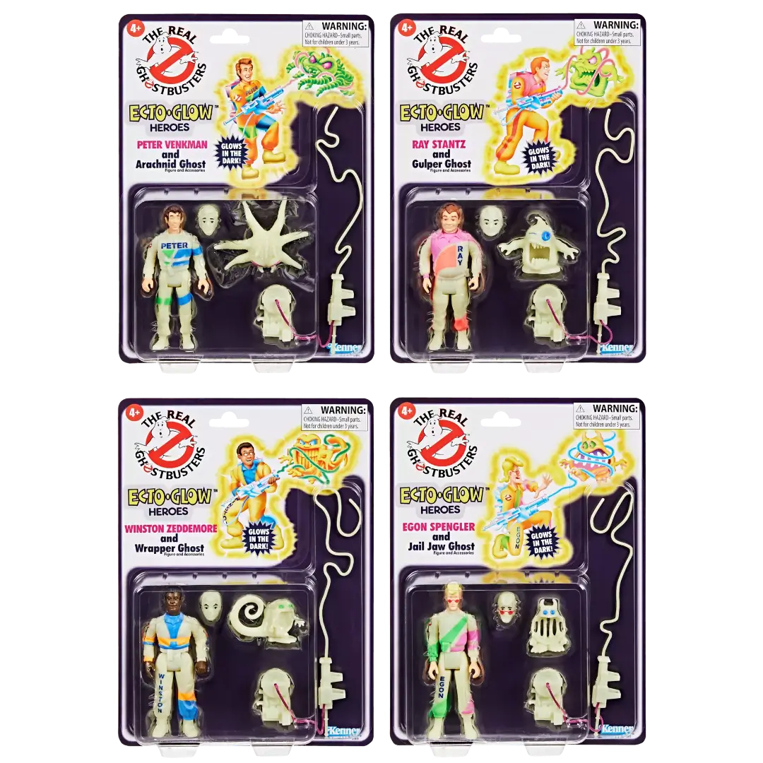 Four packages of 'The Real Ghostbusters' action figures with eco-glow feature on a white background.