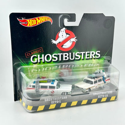 Hot Wheels Ghostbusters Ecto-1 and Ecto-1A toy car set in packaging