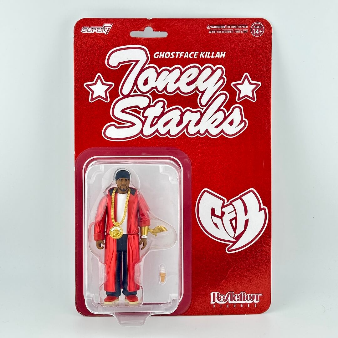 A Ghostface Killah Toney Starks action figure by Super7 and ReAction, packaged on a red retro-style blister card with white lettering.
