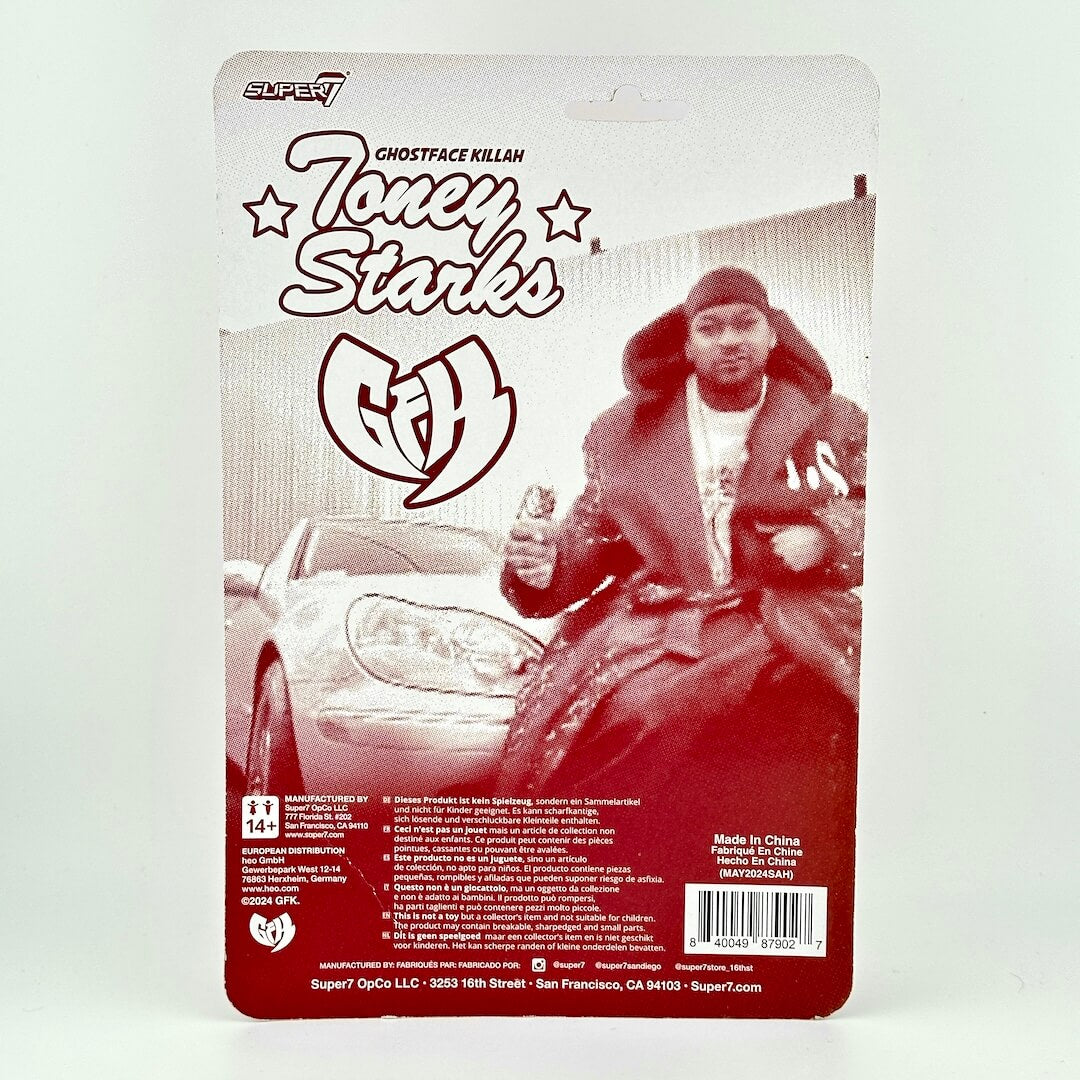 A Ghostface Killah 'Toney Starks' carded Super7 figure shown in its original packaging against a light gray background.