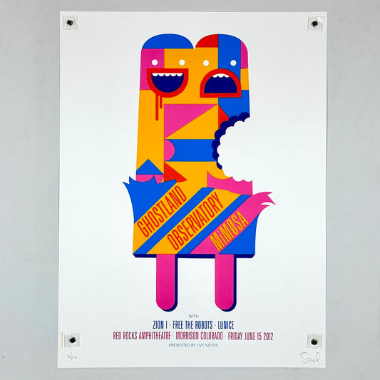 Colorful abstract character poster with text on a gray background