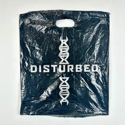 Black plastic bag with 'Disturbed' logo and DNA design on a white background