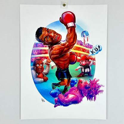 A colorful art print featuring a stylized boxing scene with a muscular boxer in red gloves and purple opponent. 